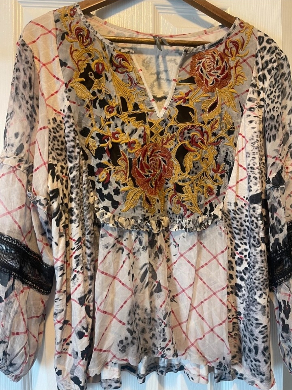 Anthropologie Embroidered Floral & Animal Print Blouse